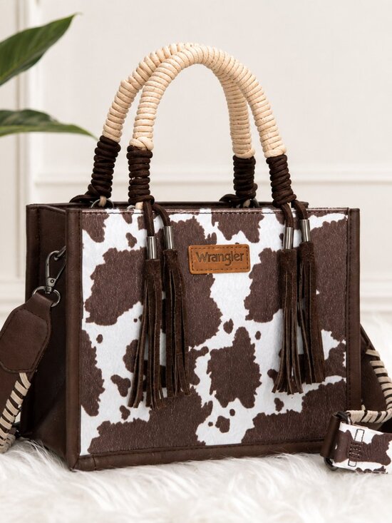 Wrangler Handbags - Wrangler Cow Print Tote Bag Brown & White Western Rope Handle Crossbody Purse NW
